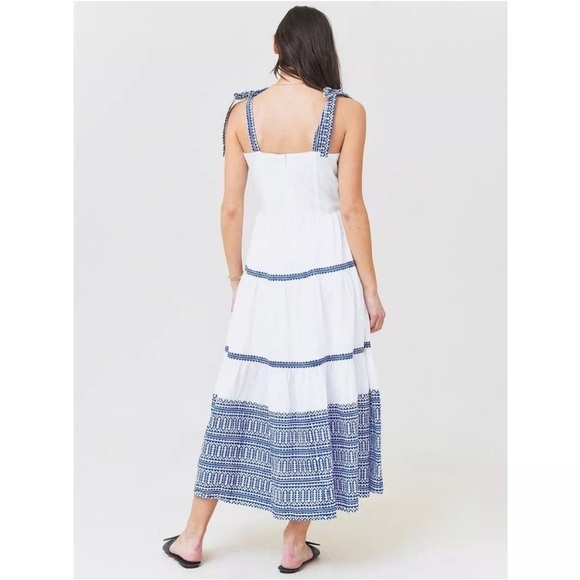Oliphant Midi Tiered Button Dress with Bow Sleeves Blue and White Pattern - Picture 2 of 8